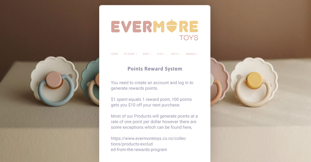 A branded webpage from Evermore Toys detailing their points reward system